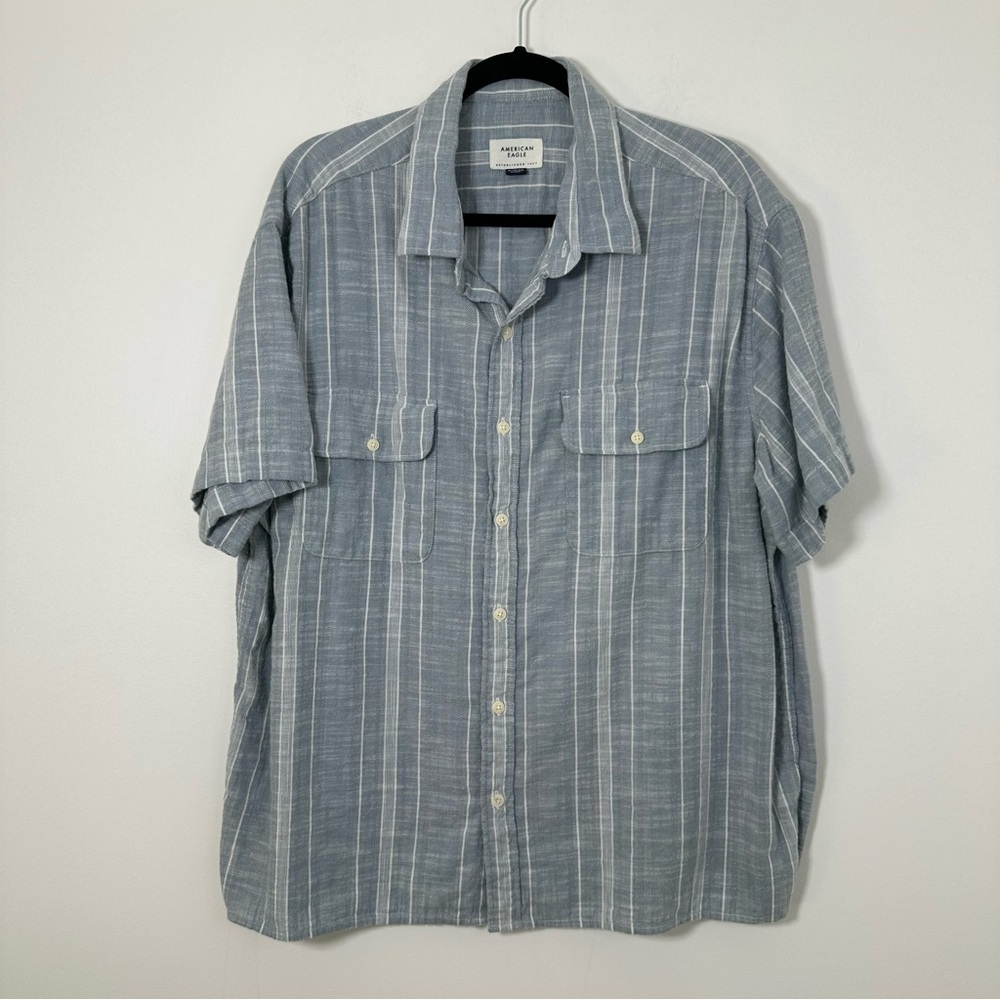 American Eagle Men’s Light Blue Striped Cotton Button Down Shirt Size XL